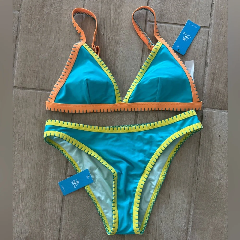 NWT CUPSHE Take Me To Tulum Colorblock Triangle Top & Cheeky Bikini Set - Picture 5 of 10